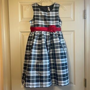 Cherokee Black and White Plaid Dress with Red Sash and Flower Detail, Size 12